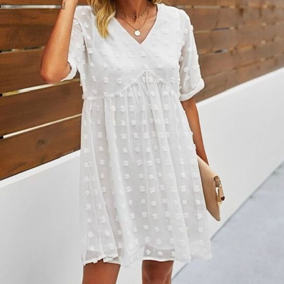 White ePretty Short-Sleeve Textured Polka Dot Dress V-Neck 100% Polyester - Picture 1 of 6